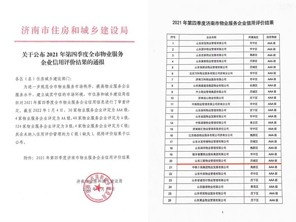J9直营网物业再次获评济南市AAA级物业服务信用企业